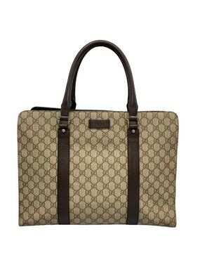 Gucci Business Bag GG Plus Supreme Gray Beige Dark Brown Unlocked Leather